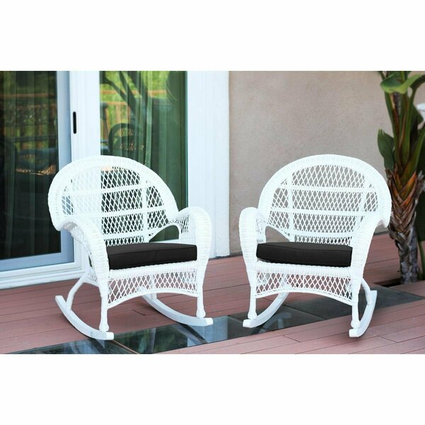 Jeco W00209-R-2-FS017-CS White Wicker Rocker Chair with Black Cushion, 2PK W00209-R_2-FS017-CS